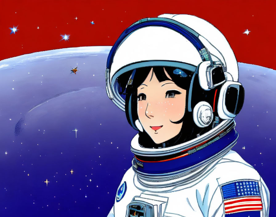 Smiling astronaut with American flag patch in space scene