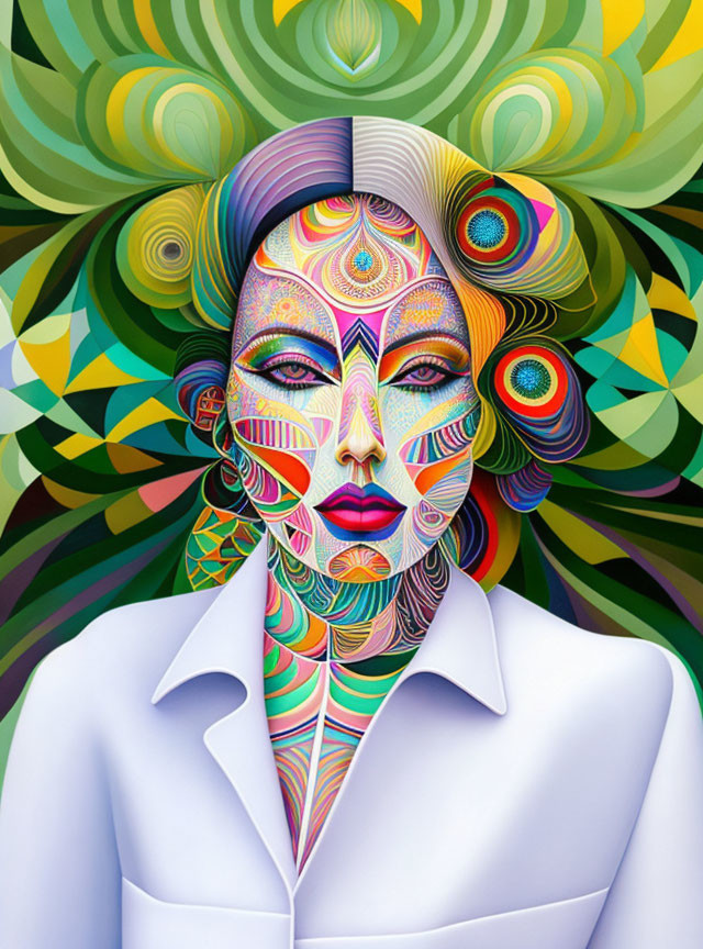 Colorful digital portrait of a woman with intricate patterns on face and psychedelic background