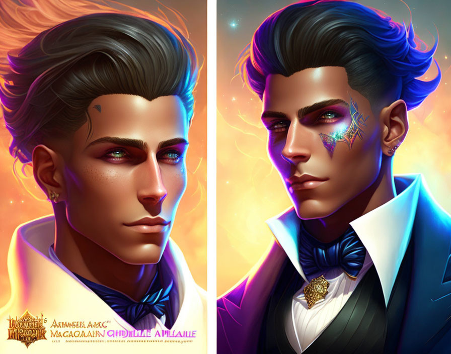 Stylized male character portraits with cosmic tattoos and blue accents