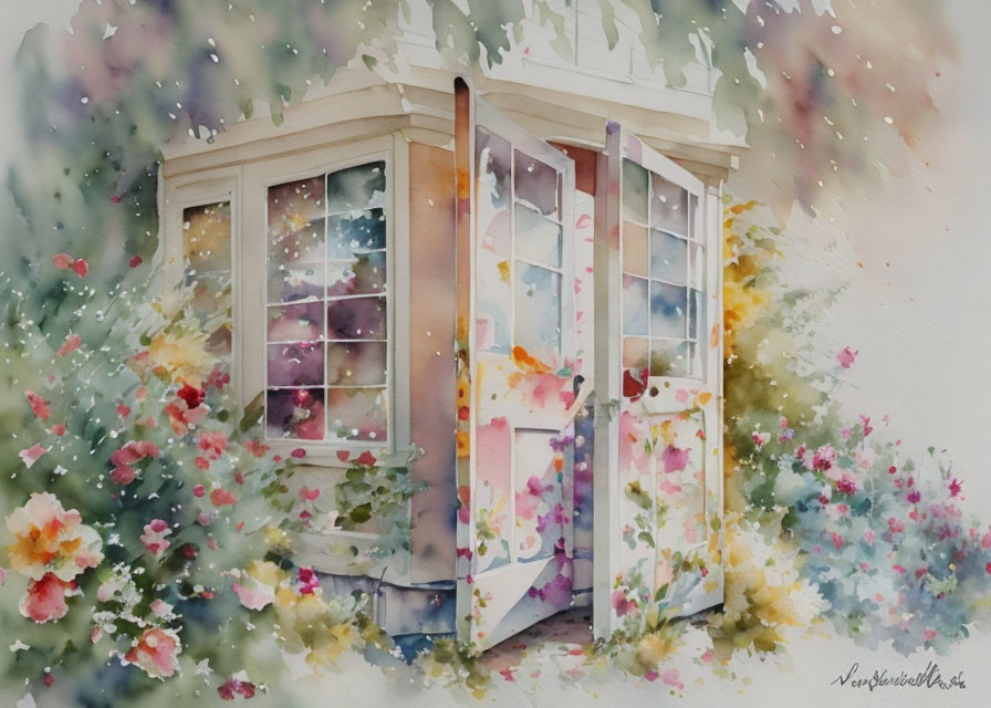 Colorful Watercolor Painting of Cozy Corner with French Doors and Blooming Flowers