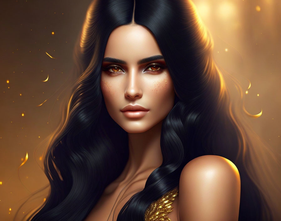 Portrait of a Woman with Long Black Hair and Golden Highlights