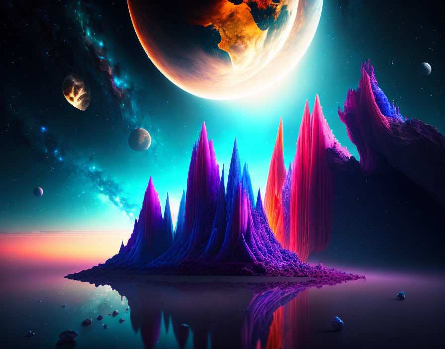 Colorful cosmic landscape with purple crystals, water, moons, and planet.