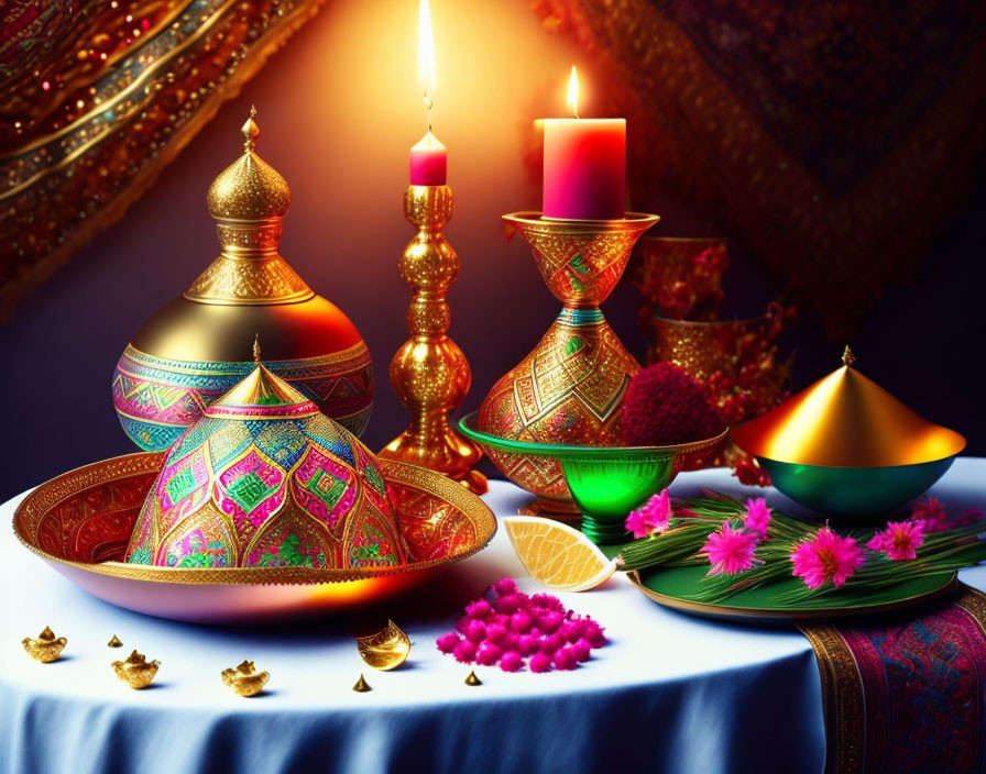 Colorful Diwali Decor with Lamps, Candles, Textiles, Flowers, and Decor