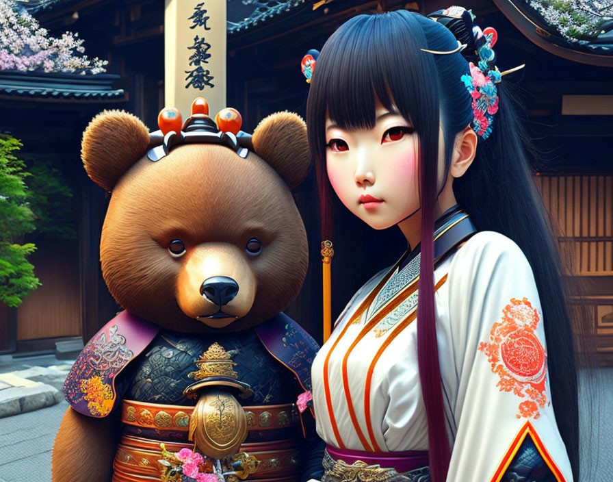 Traditional Japanese attire woman and person in bear costume at temple.