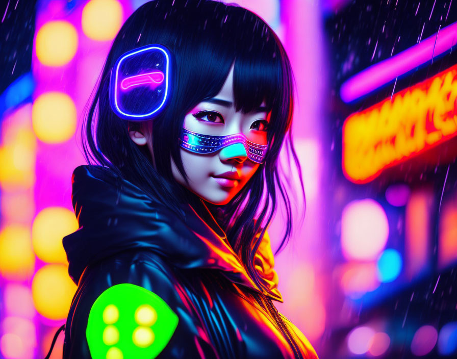 Futuristic woman with glowing eyewear in neon-lit urban backdrop