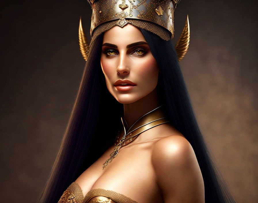 Woman with Green Eyes Wearing Golden Crown and Horned Jewelry