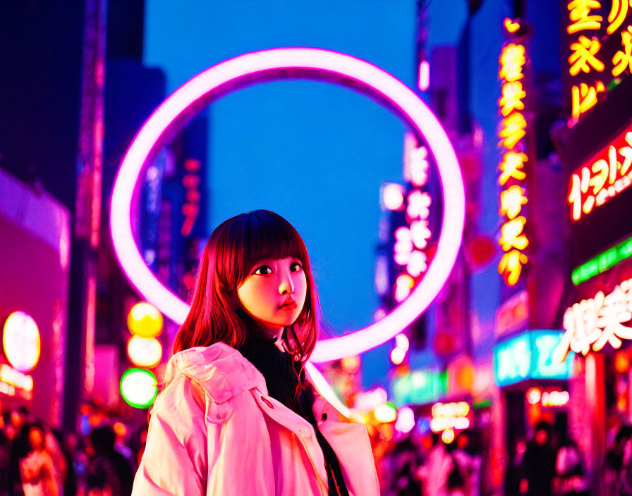 Woman in neon-lit street with circular pink neon light