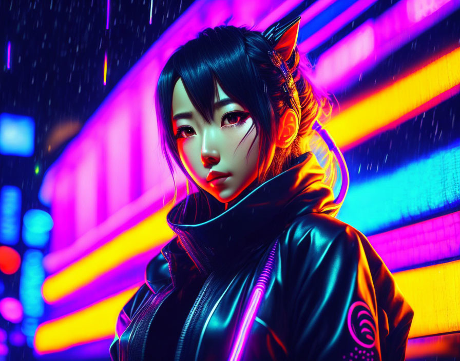 Woman with Cat Ears and Neon Makeup in Rainy Cityscape