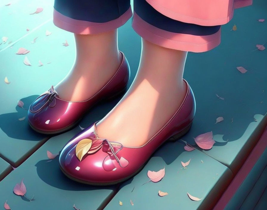 Character's Feet in Shiny Pink Shoes on Wooden Surface with Fallen Leaves