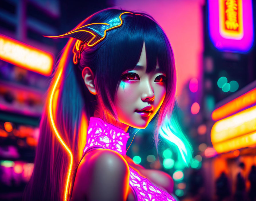 Futuristic girl with neon hair in vibrant cityscape