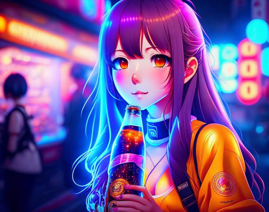 Purple-haired anime girl with glowing bottle in neon-lit city.