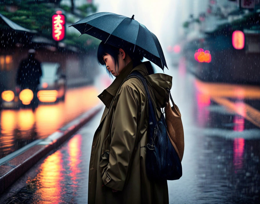 Person in trench coat with umbrella on rainy city street with neon signs