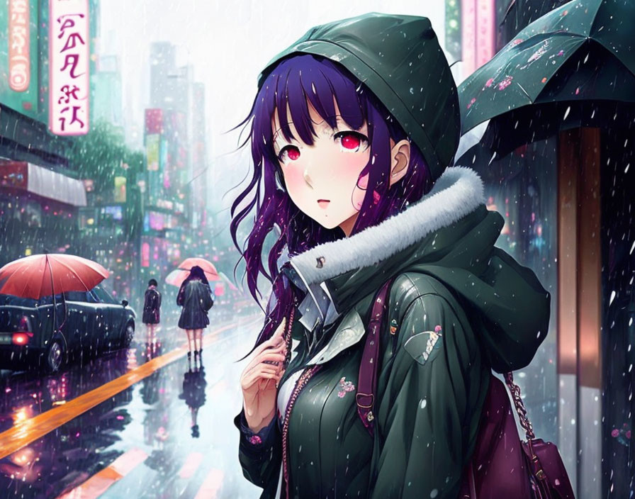 Purple-Haired Animated Character Under Green Umbrella in Rainy City Street