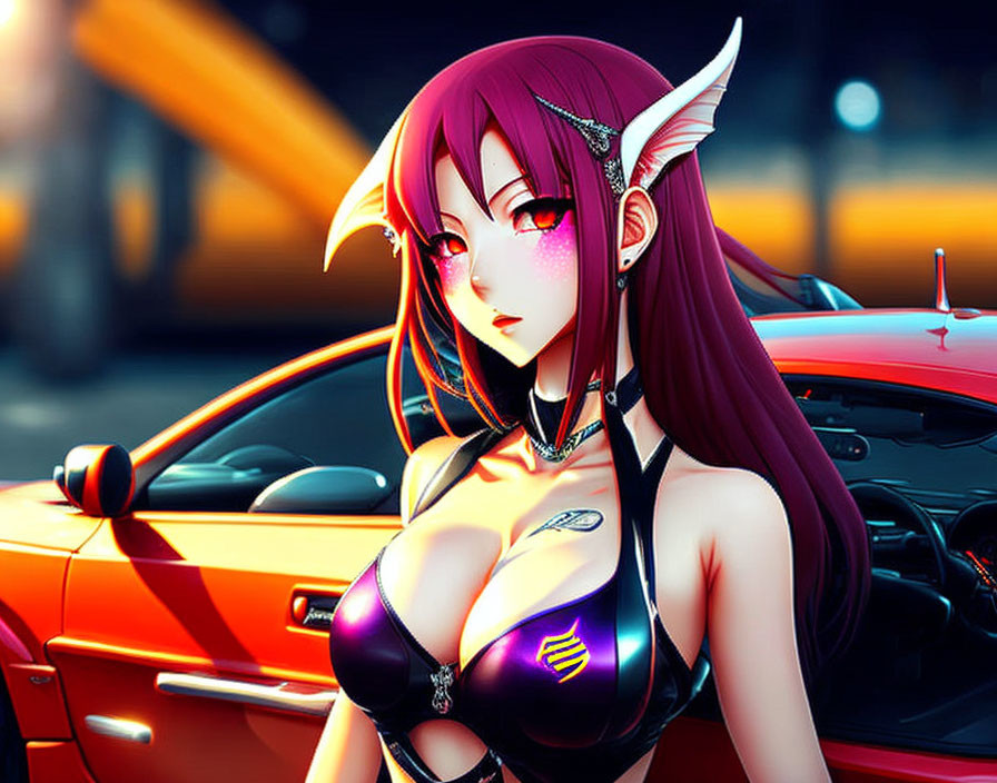 Red-haired female character with elf ears in revealing outfit by red sports car at dusk