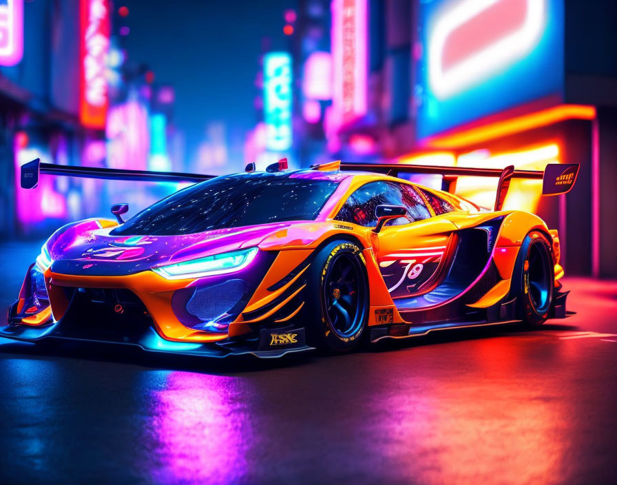 Colorful Racing Car with Neon Lights in Urban Setting at Night