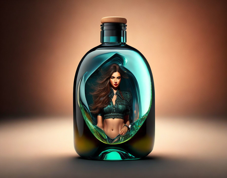 Translucent perfume bottle with woman's image on warm backdrop