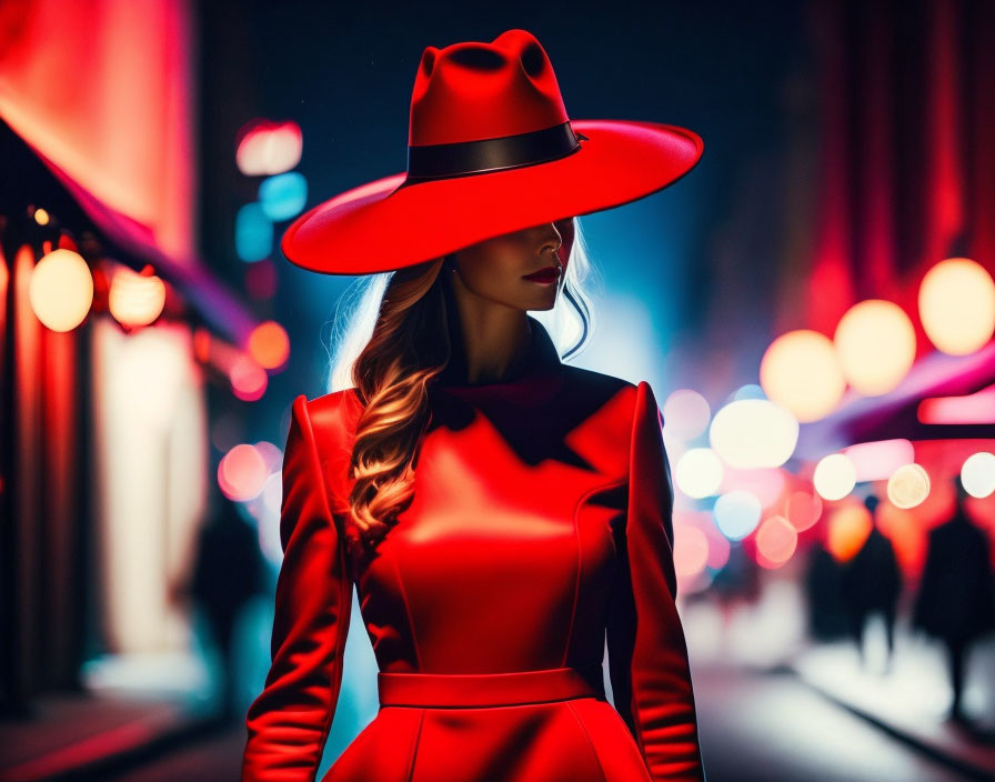 Woman in red dress and wide-brimmed hat in neon-lit city street at night