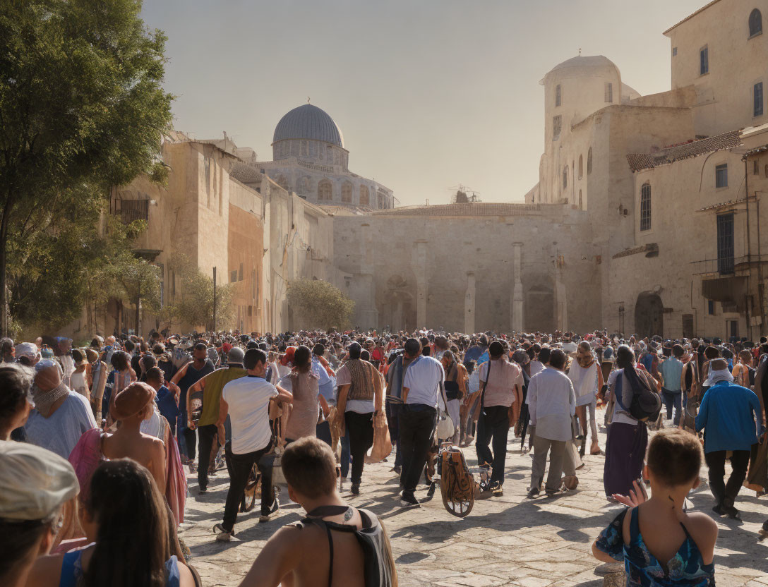 Crowd walking to ancient stone building with dome under clear sky