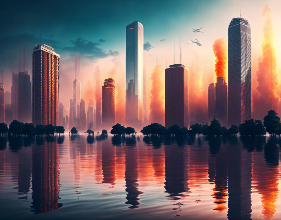 Futuristic city skyline with glowing skyscrapers reflected on water at dusk