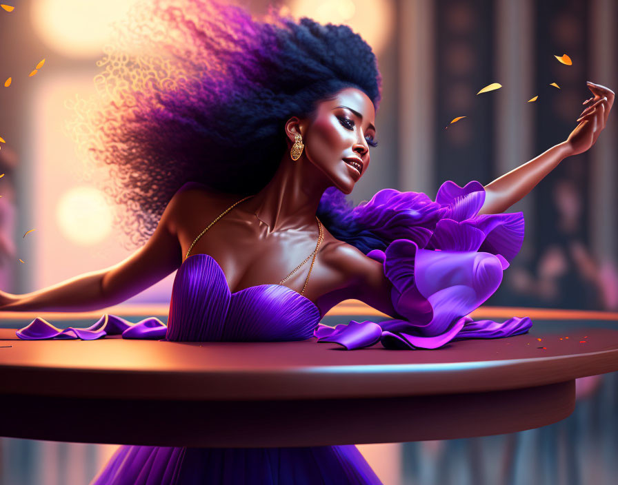 Stylish woman in purple dress with voluminous afro and gold jewelry poses gracefully at table with