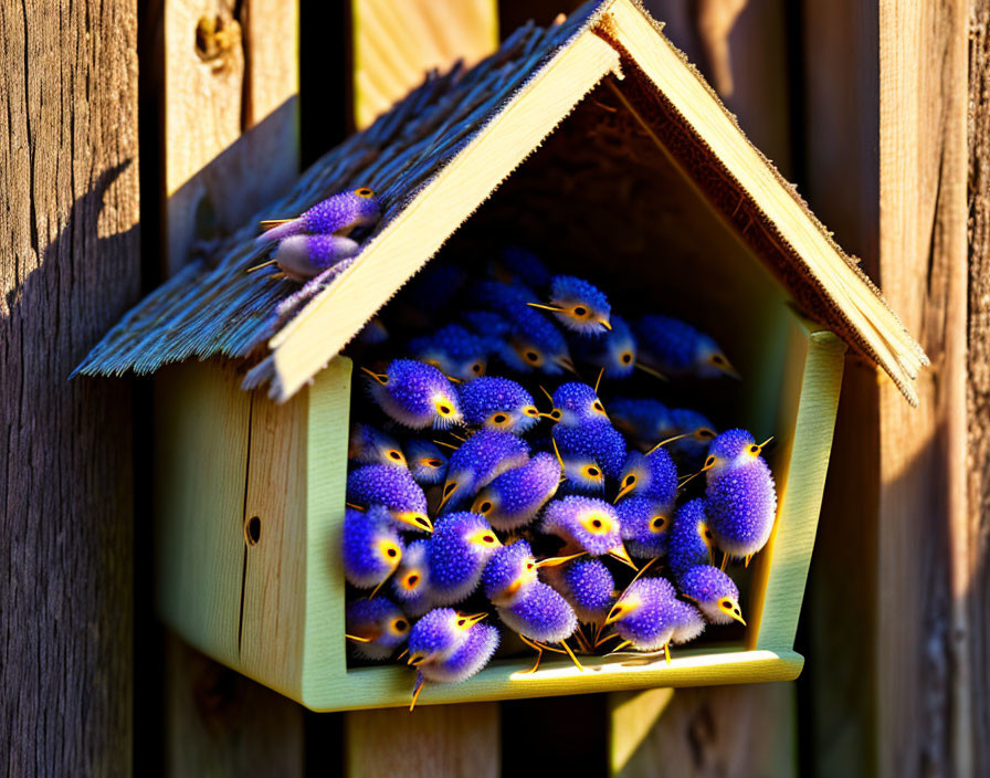 Wooden Birdhouse on Fence with Blue Plush Toy Birds