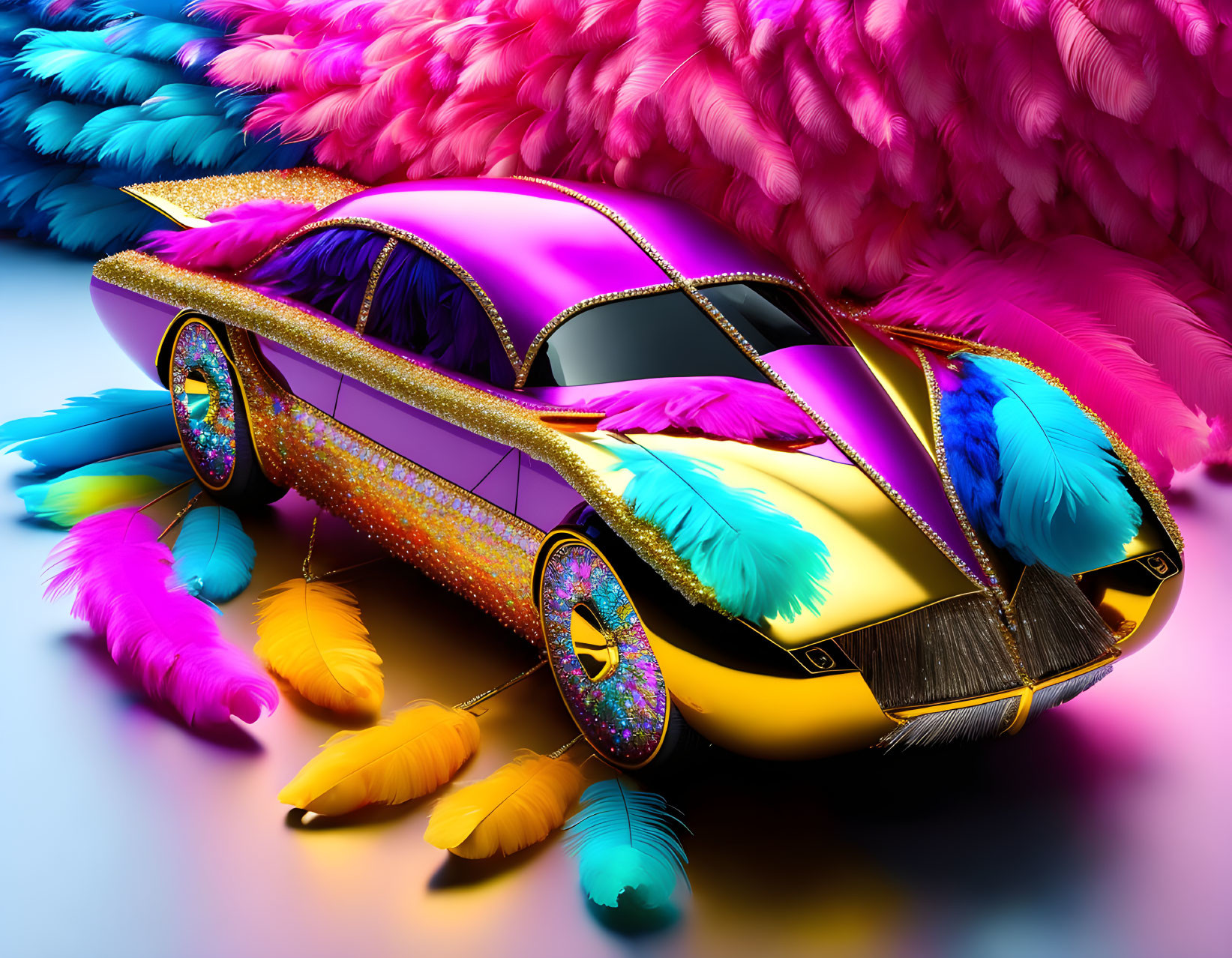 Colorful Feather-Adorned Car in Pink, Blue, and Gold Hues