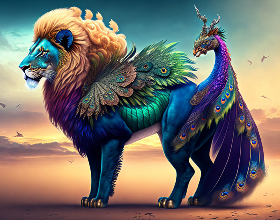 Blue lion with peacock hindquarters in twilight sky