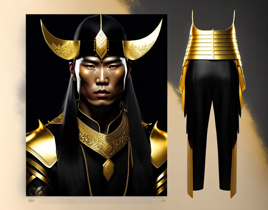 Asian warrior in traditional golden armor with helmet and armor design schematic.