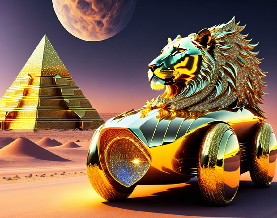 Golden Lion Car with Glowing Headlights in Desert with Pyramids and Moon