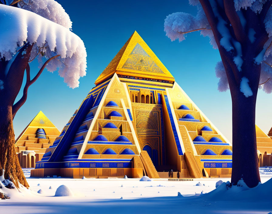 Stylized golden pyramids in snowy forest landscape