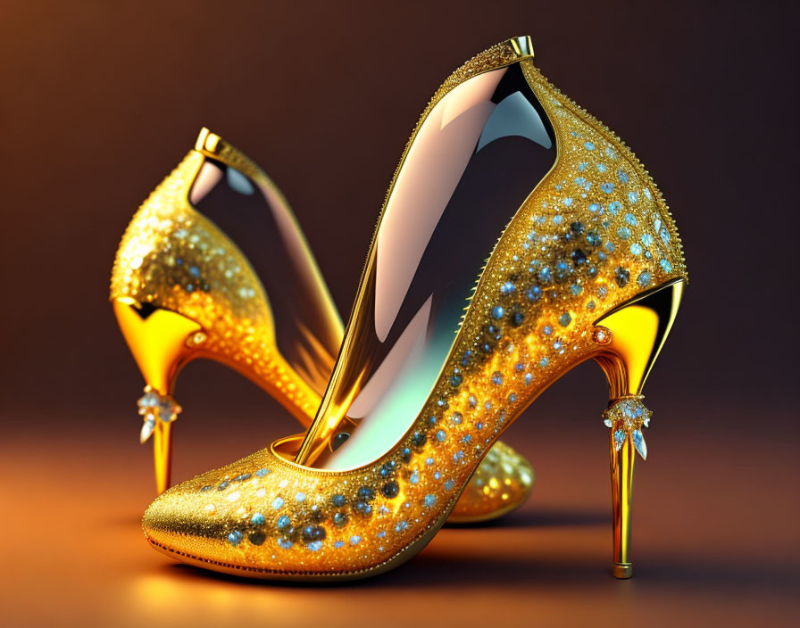 Glittering Gold High-Heeled Shoes with Crystals on Amber Background