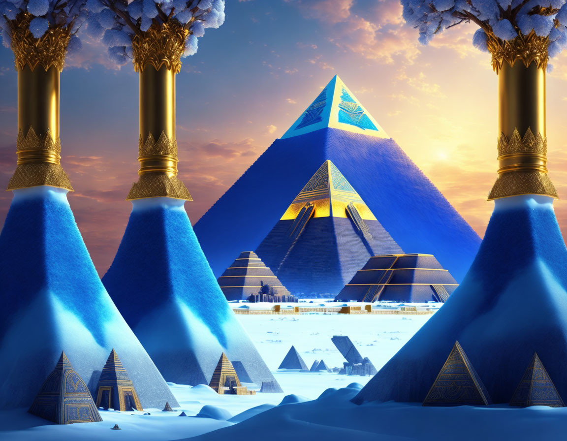 Golden-topped pyramids in snowy landscape with twilight sky & ornate columns