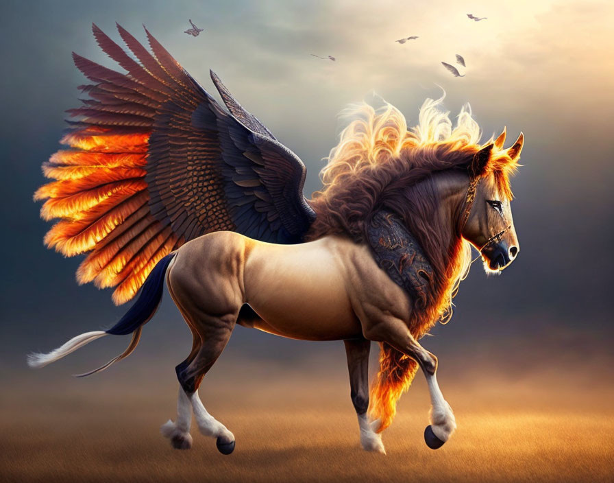 Fiery-winged horse in dramatic sky with soaring birds