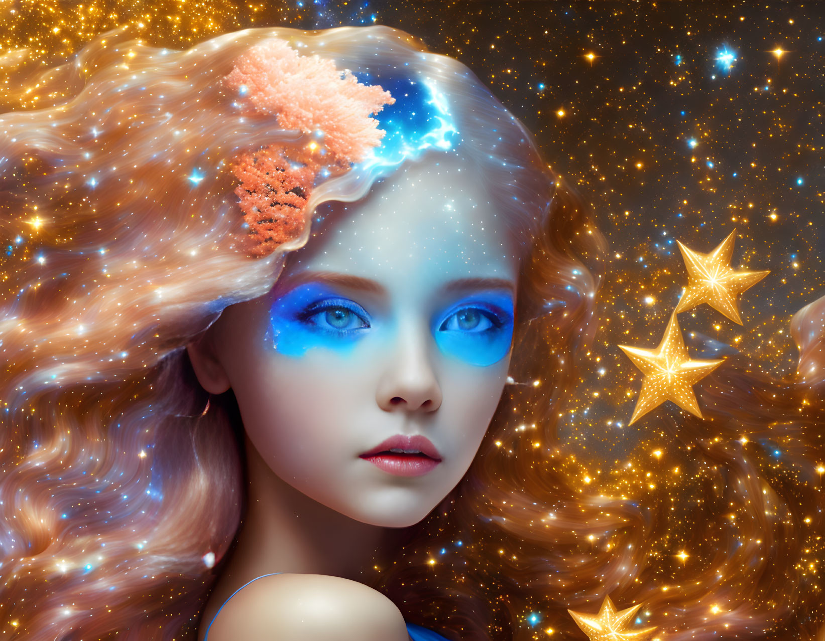 Digital art: Young female merges with starry galaxy, vibrant blue eyes and coral-like structures.