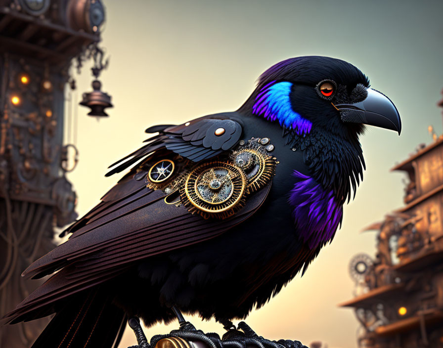 Steampunk mechanical raven with gears on an industrial background