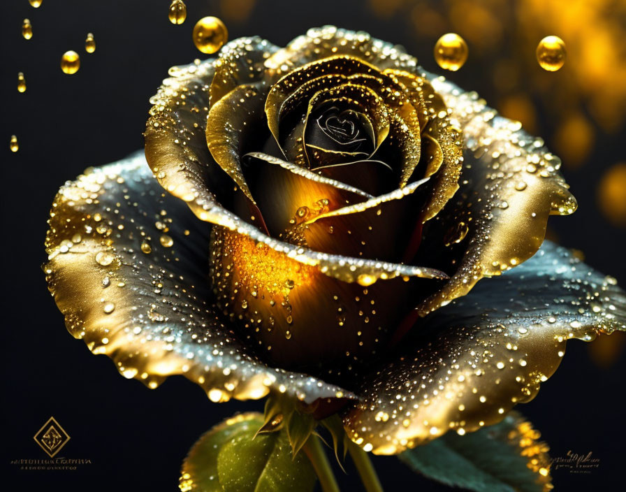 Dark Rose with Water Droplets and Golden Bokeh on Dark Background