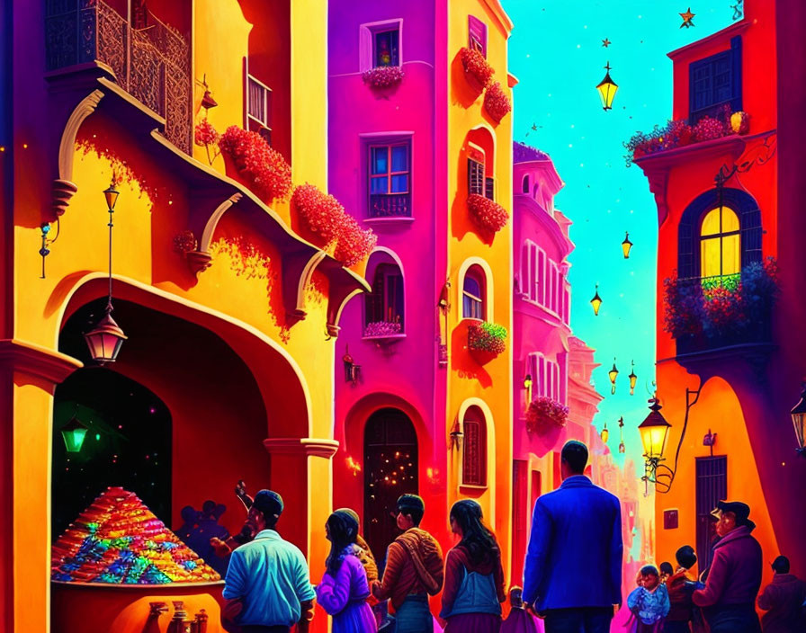 Colorful street scene at dusk with sparkling pyramid and star-shaped lights.