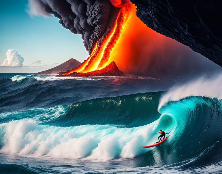 Surfer riding massive wave under volcanic eruption with lava flow