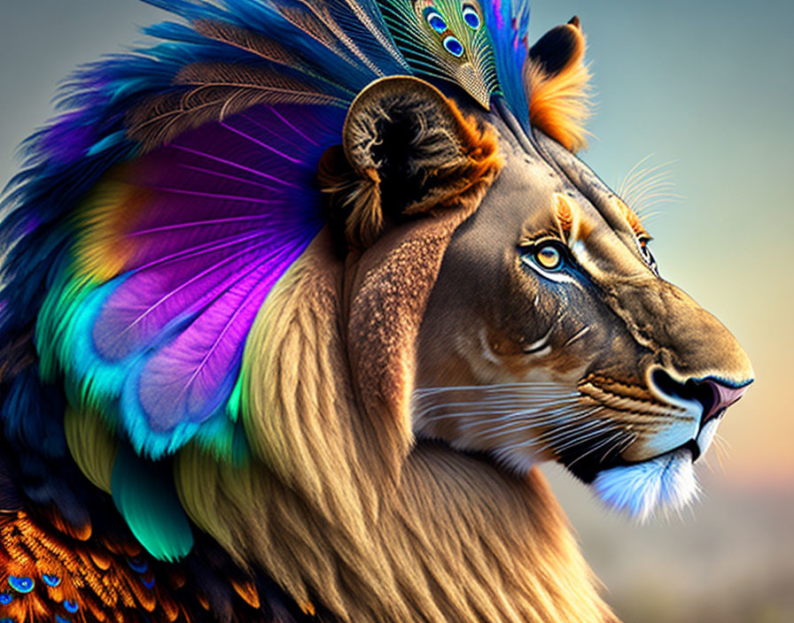 Colorful Lion Digital Artwork with Peacock Feather Mane