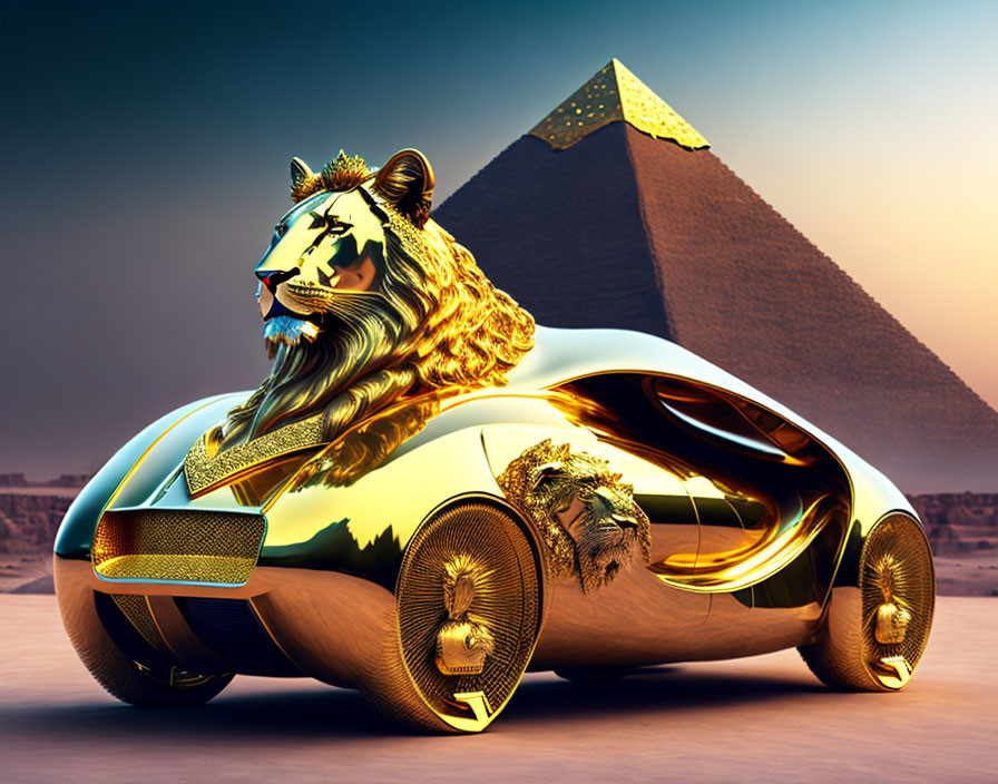 Golden Lion-Shaped Fantasy Car with Egyptian Motifs in Desert Scene