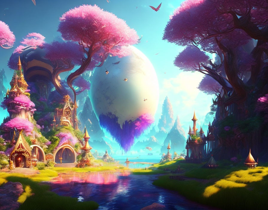 Colorful Fantasy Landscape with Pink Trees, River, Whimsical Houses, and Massive Planet