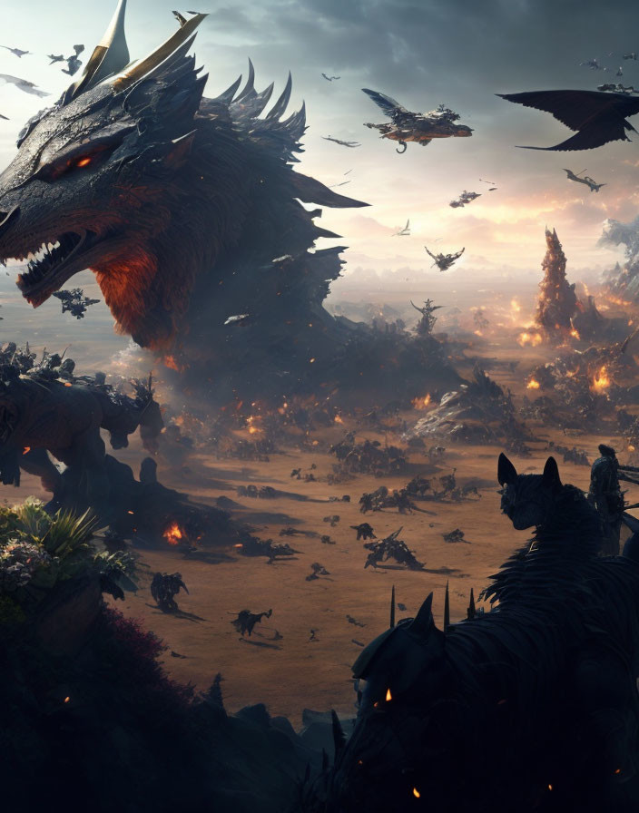 Fantasy scene with dragons in fiery battle amidst ruins and warships