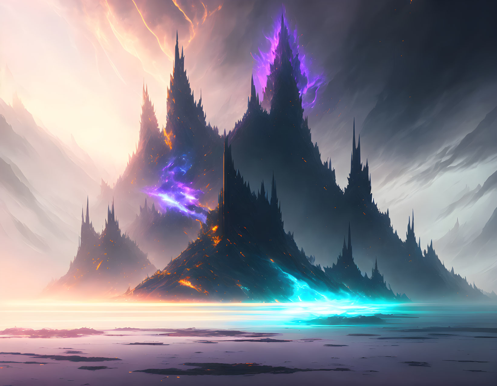 Surreal landscape with glowing peaks and vibrant colors under dramatic sky