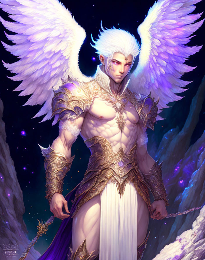 Majestic angelic figure with white wings and golden armor against starry night sky