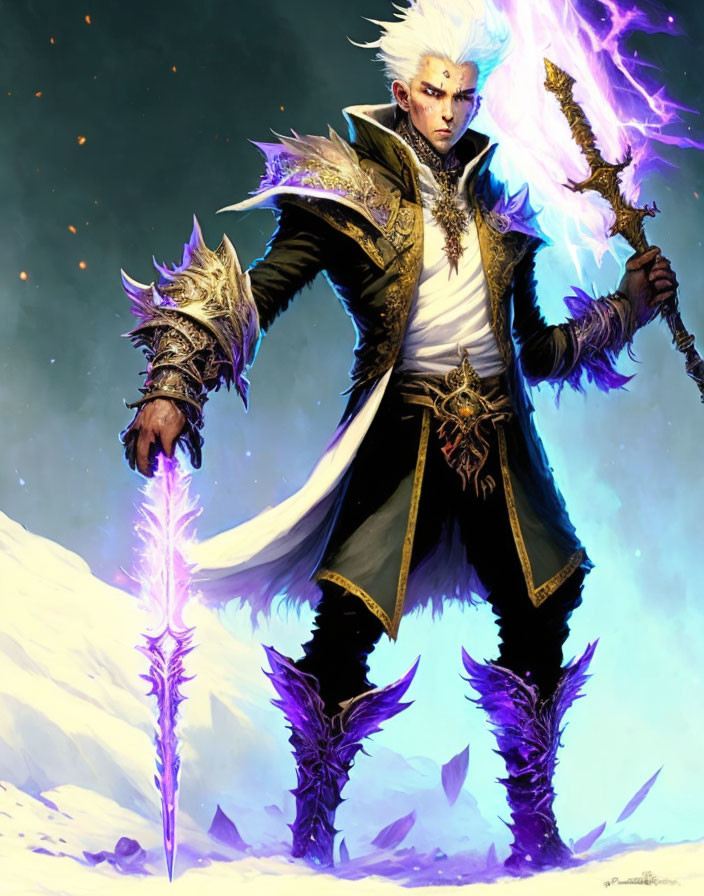 Fantasy character with pointed ears, purple staff, and sword in ornate armor in snowy setting