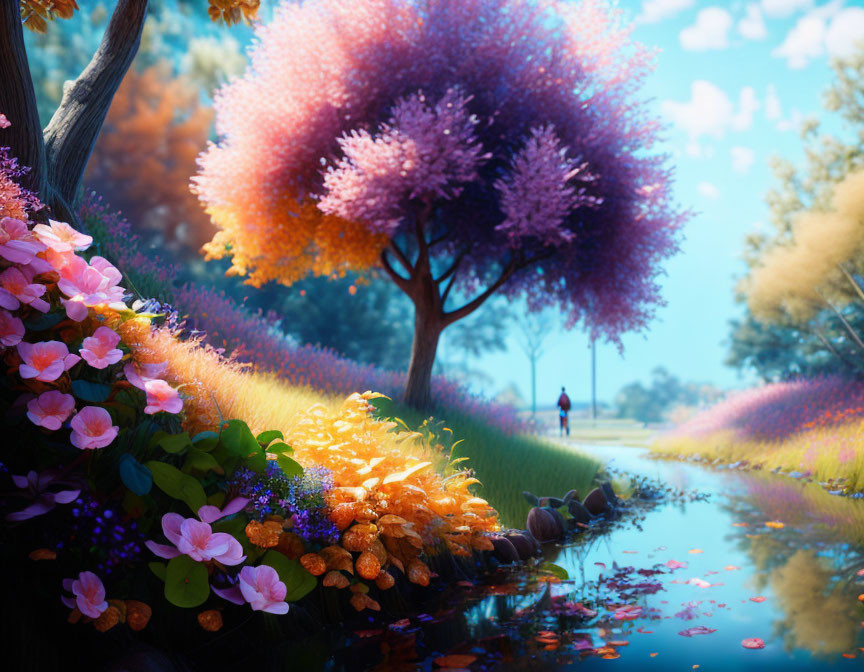 Colorful Landscape with Stream, Flowers, and Purple Tree