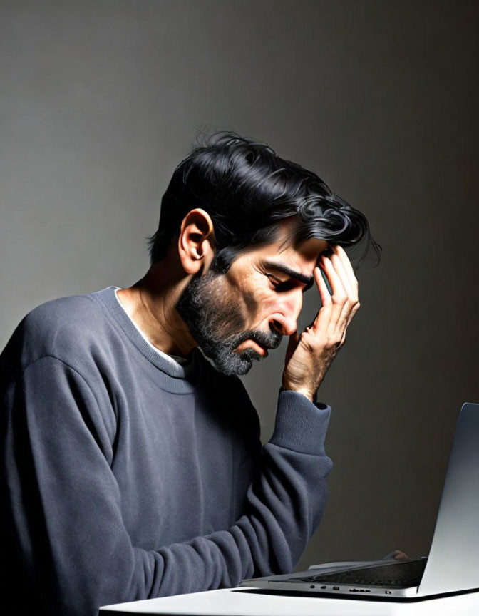 Stressed man holding head in front of laptop on desk