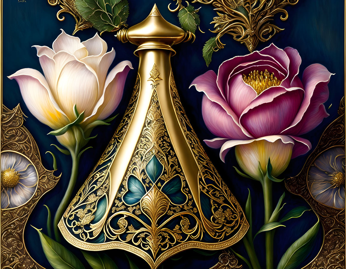 Golden Perfume Bottle with Floral and Butterfly Illustrations on Dark Background