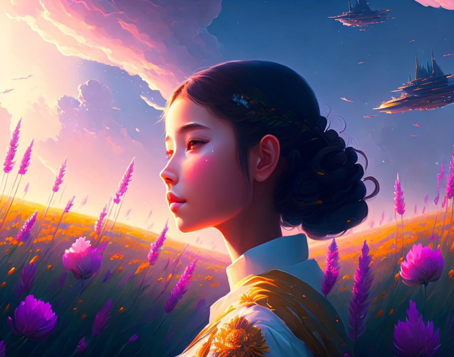 Girl with Flowers in Hair in Vibrant Field with Sunset Sky and Floating Ships