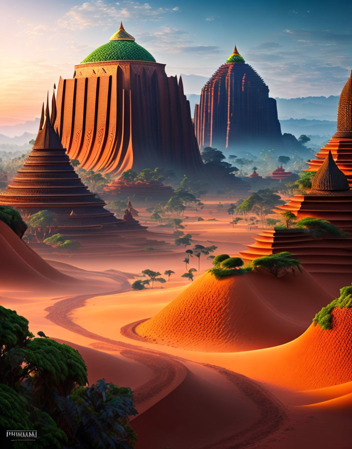 Fantastical landscape with domed structures in orange sand dunes